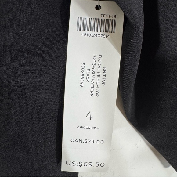 Chico’s Black 3/4 Sleeves Floral Tie Hem Top NWT - Picture 11 of 11